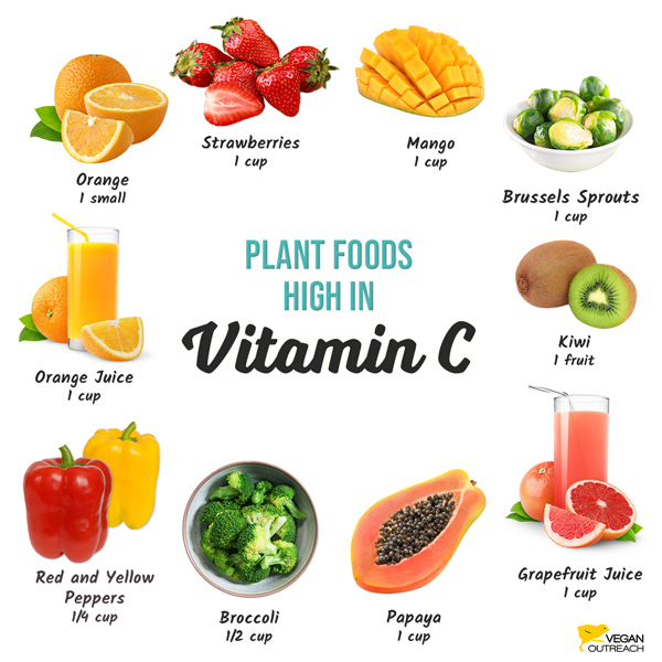 Plant foods high in vitamin C: Orange (1 small), Strawberries (1 cup), Mango (1 cup), Brussels sprouts (1 cup), Kiwi (1 fruit), Papaya (1 cup), Grapefruit juice (1 cup), Red and yellow peppers (1/4 cup), Broccoli (1/2 cup), Orange juice (1 cup)