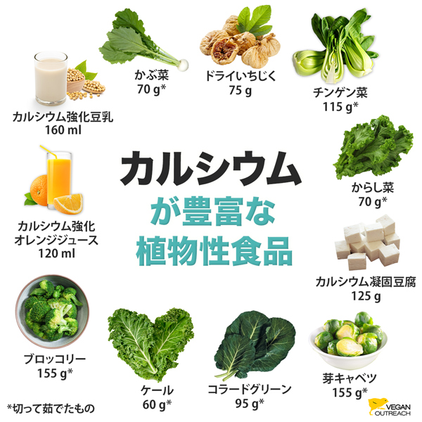 カルシウム
を多く含む
植物性食品：
ブロッコリー (155 g)、
チンゲン菜 (170 g)、
ドライいちじく (75 g)、
オレンジ ジュース (カルシウム強化、120 ml)、
豆腐 (カルシウム凝固、125 g）、
からし菜（70 g）、
かぶ菜（70 g）、
豆乳（カルシウム強化、160 ml）、
芽キャベツ（155 g）、
コラードグリーン（95 g） 、
ケール（120 g）

