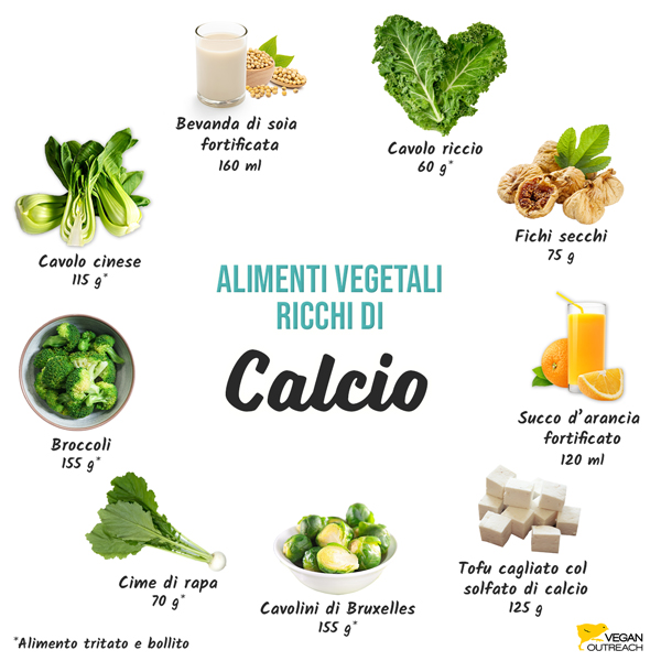 Alimenti vegetali ricchi di calcio:Succo d’arancia fortificato (120 ml), tofu cagliato col solfato di calcio (70 g), cime di rapa (70 g), bevanda di soia fortificata (160 ml), cavolini di Bruxelles (155 g), cavolo riccio (118 g), broccoli (155 g), cavolo cinese (115 g), fichi secchi (75 g).