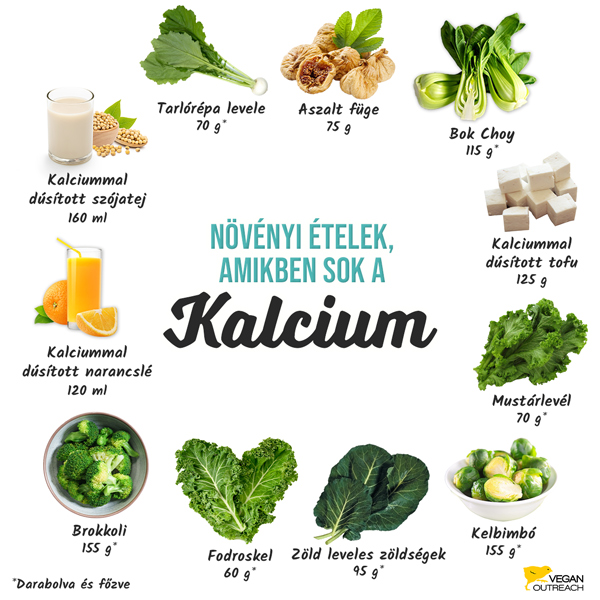 Magas kalciumtartalmú növényi ételek: Brokkoli, bok choy, aszalt füge, narancslé, tofu, mustárlevél, tarlórépa levele, szójatej, kelbimbó, zöld leveles zöldségek, fodroskel