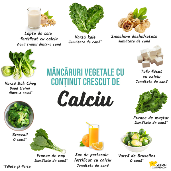 Mâncăruri vegetale cu conținut crescut de calciu: Broccoli (o cană), varză bok choy (o treime dintr-o cană), smochine deshidratate (jumătate de cană), suc de portocale fortificat cu calciu (jumătate de cană), tofu făcut cu calciu (jumătate de cană), frunze de muștar (jumătate de cană), frunze de nap (jumătate de cană), lapte de soia fortificat cu calciu (două treimi dintr-o cană), varză de Bruxelles (o cană), varză collard (o treime dintr-o cană), varză kale (jumătate de cană)