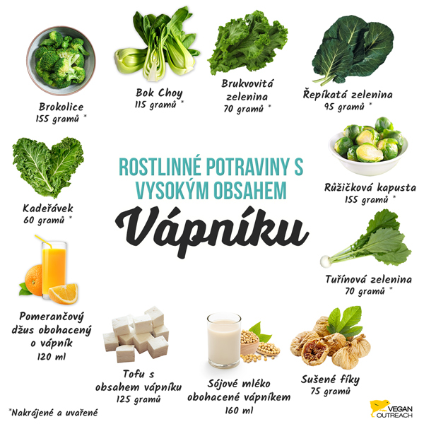 Rostlinné potraviny s vysokým obsahem vápníku: Brokolice (85 gramů), Bok choy (55 gramů), Sušené fíky (75 gramů), Pomerančová šťáva obohacená vápníkem ( 120 ml), Tofu s obsahem vápníku (125 gramů), Brukvovitá zelenina (30 gramů), Tuřínová zelenina (25 gramů), Sojové mléko obohacené vápníkem (120 ml), Růžičková kapusta (90 gramů), Řepíkatá zelenina (125 gramů), Kadeřávek (10 gramů).