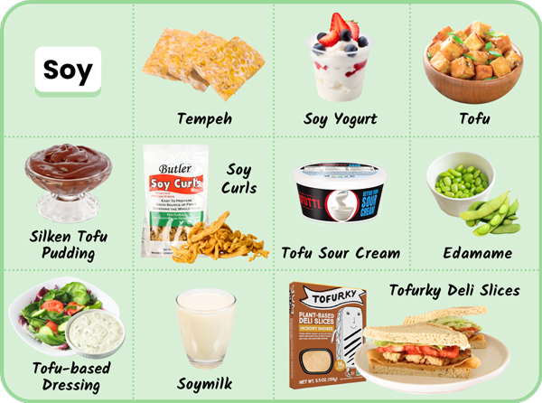 Soy: Tempeh; Soy yogurt; Tofu; Silken tofu pudding; Soy curls; Tofu sour cream; Edamame; Tofu-based dressing; Soymilk; Tofurky deli slices