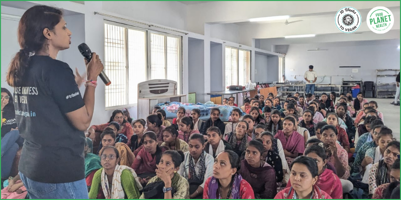 Food-Planet Health Outreach Coordinator, Nija Dhillon, conducting the Food-Planet-Health seminar at the VJKM Self-Finance College of MSW.