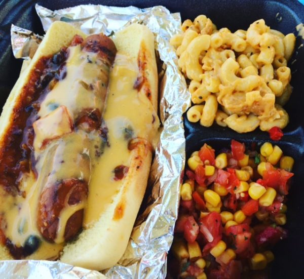 Chili cheez dawg, mac n' cheez, and corn salsa.