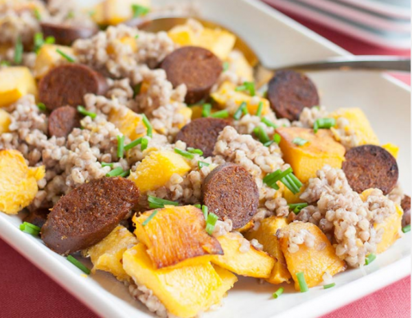 Seitan—Warm Buckwheat Salad with Sausage and Roasted Pumpkin (1)
